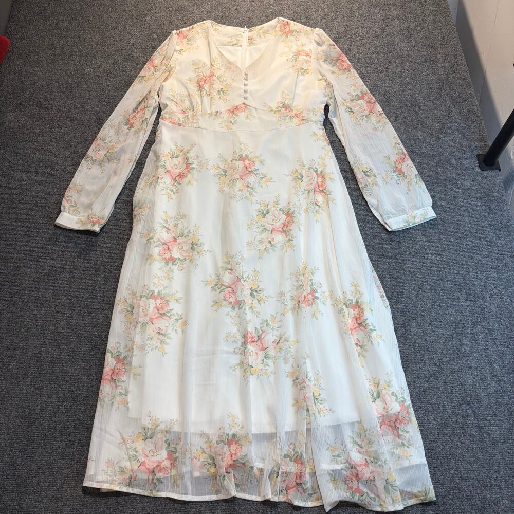 DAZY Women Large White Pink Floral Chiffon Long Sleeve Prairie Maxi Dress Boho